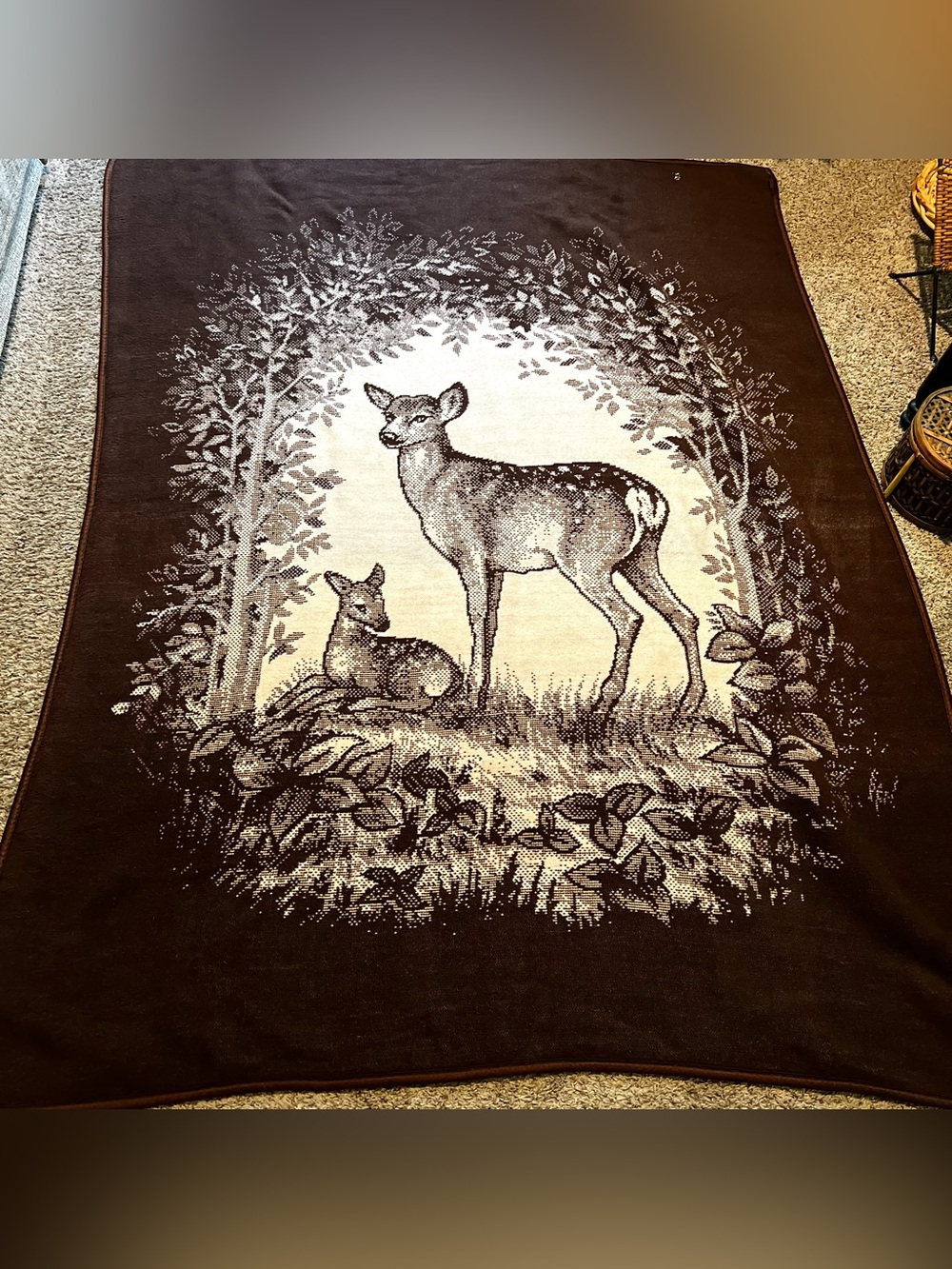 Vintage Cobija San Marcos Deer and Fawn Blanket 74" x 57" Brown Tan Throw